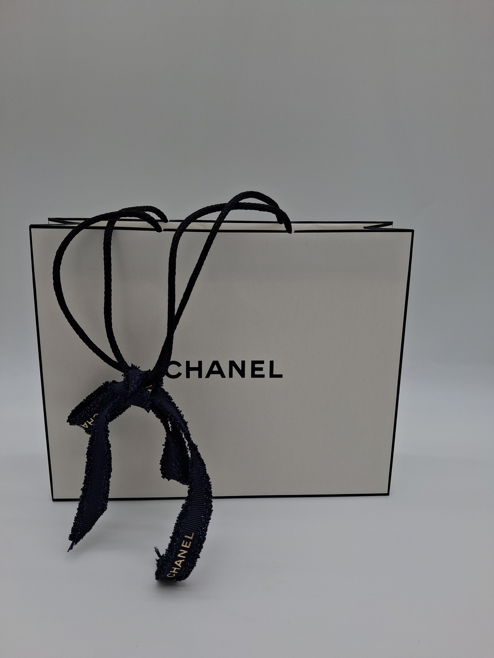 CHANEL White Black Shopping Gift Bag Rope Handles Logo Ribbon Luxury Packaging